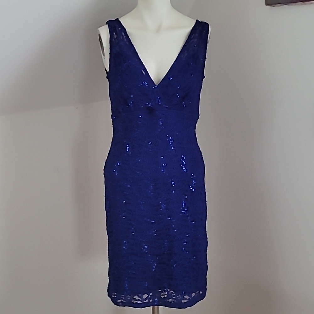 Onyx Night Royal Blue Sequin Lace Sleeveless V Neck Dress Size 4